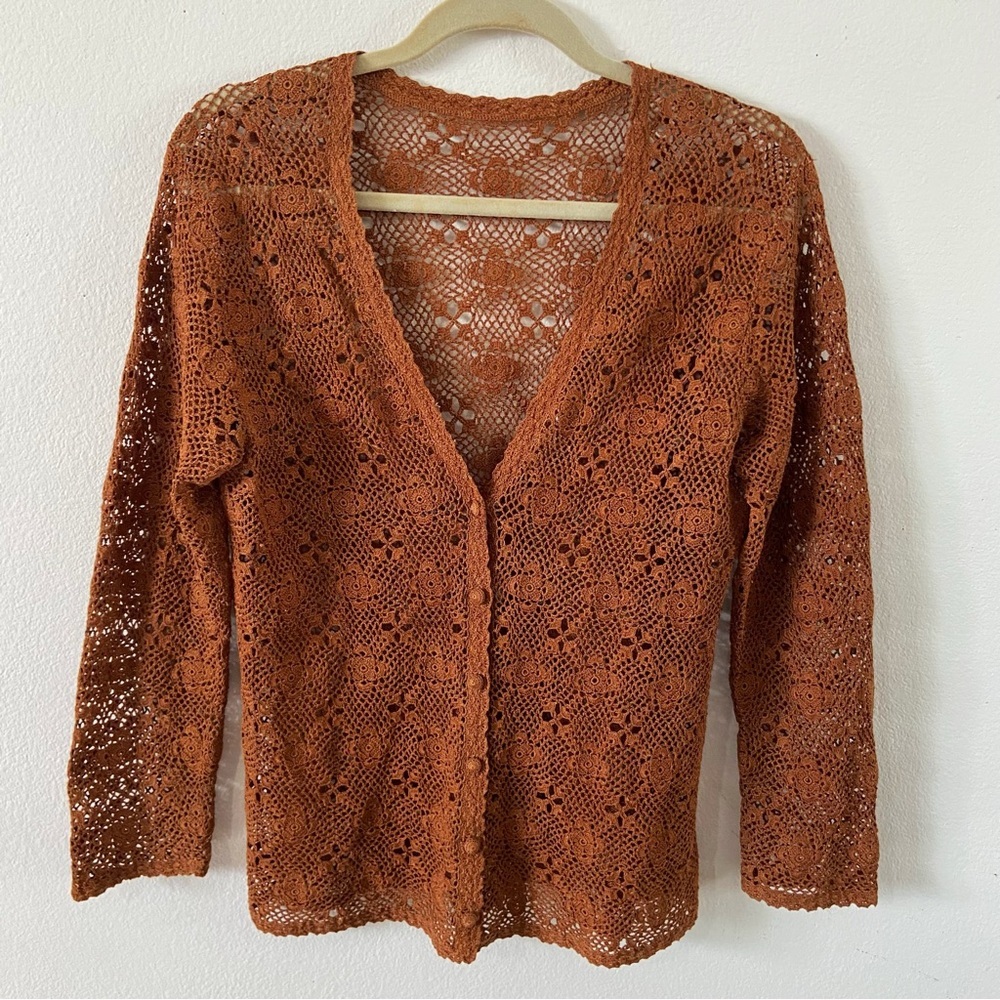Vintage brown crochet macrame cardigan sweater knit outerwear indie medium - Picture 2 of 5